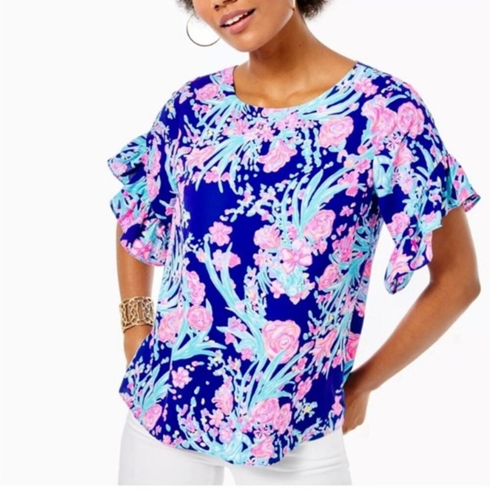 Lilly Pulitzer Darlah Top Lileeze Print Corsica Blue size XL blue pink blouse